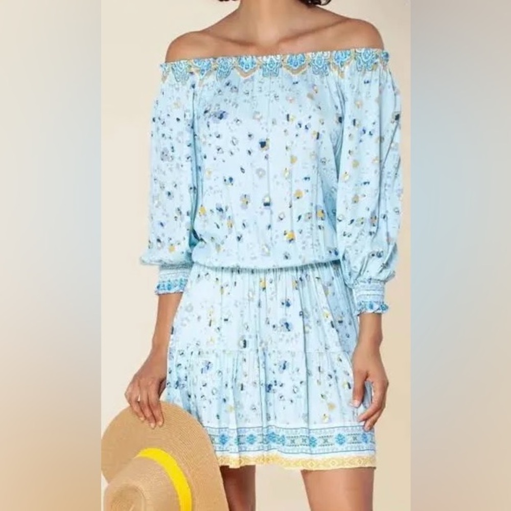HALE BOB Henka Blouson Dress Off Shoulder Pockets Blue Summer Party Size S